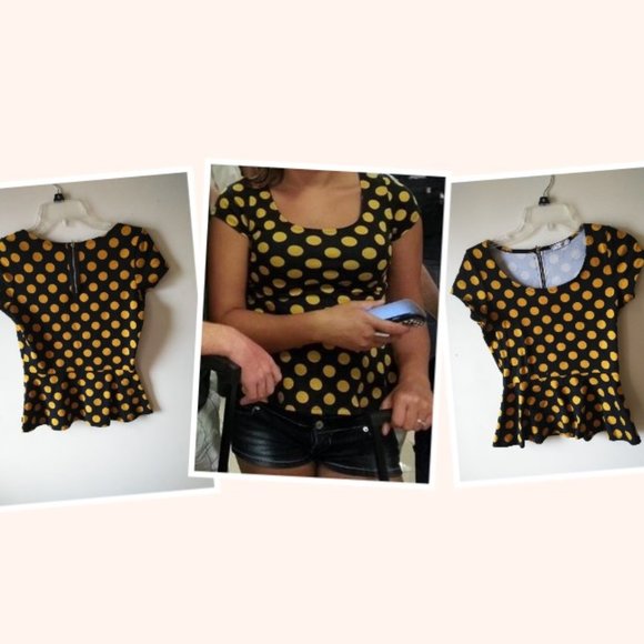 ❤️2 for 12❤️ Yellow Polka Dot Peplum Shirt - Picture 1 of 5